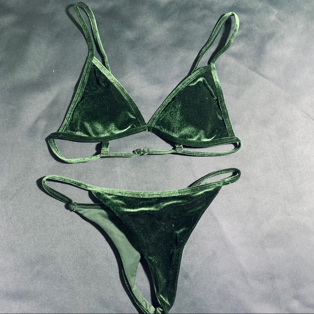 Olive Green Velvet Thong Bikini Set